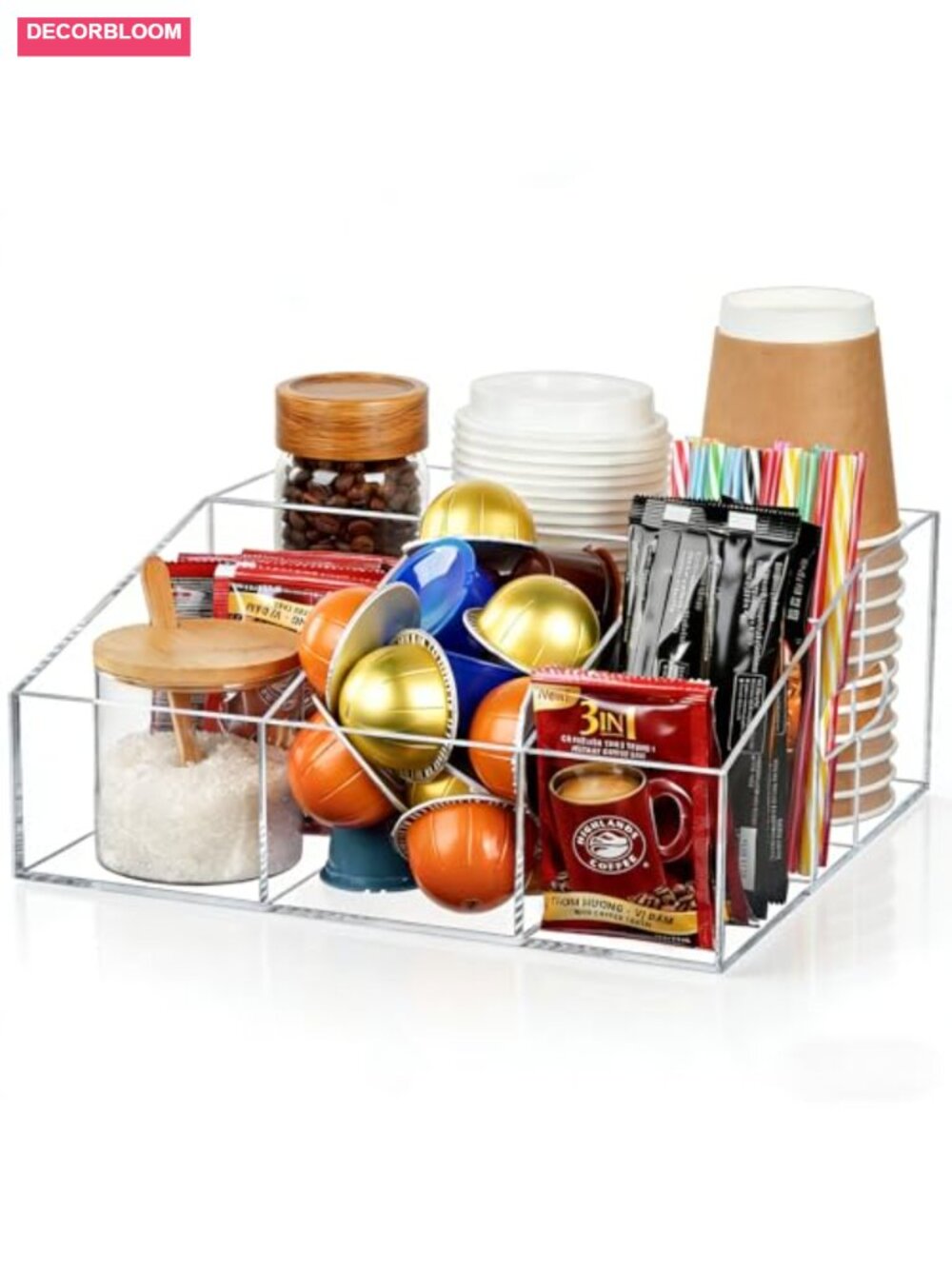 Clear Acrylic Coffee Bar Organizer with 5 Compartments for Countertop